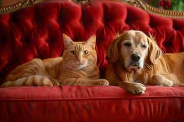 Canvas Print - A cat and a dog are laying on a red couch