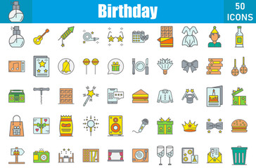 Sticker - Birthday Icons Set. Editable Stroke. Pixel Perfect