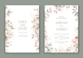 Wall Mural - Wedding Invitation with delicate watercolor buds and leaves of jasmine.