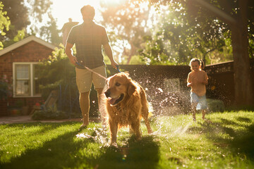 Sticker - A man and a girl are playing with a dog in a backyard