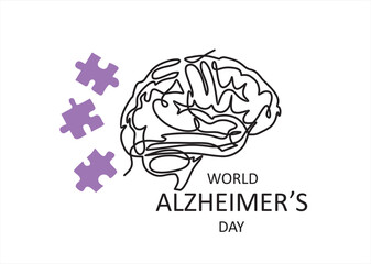 Alzheimer s day simple background, web banner, poster with brain and puzzle. One continuous line drawing background with lettering Alzheimer s day.
