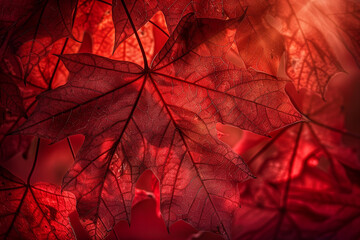 Canvas Print - A close up of a red leaf with a light shining on it