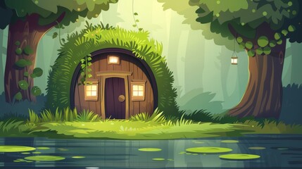 Wall Mural - A cartoon modern of a small fantastic elf or dwarf hut in a forest with a grass roof, small door, and window.