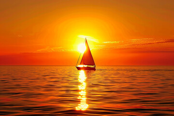 Poster - A sailboat is sailing on a calm ocean at sunset