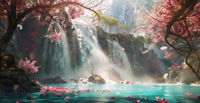 Colorful fantasy waterfall in a beautiful forest with turquoise water and pink flowers