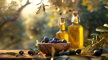 Canvas Print - Artisan Olive Oil Bottles Surrounded by Fresh Olives on Rustic Wooden Table. Natural Light, Outdoor Setting. Organic and Healthy Food Concept. AI