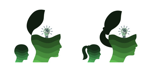 woman, man 3d open mind head vector illustration with gears and lightbulb. abstract male female prof