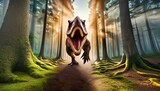 Fototapeta  - Tyrannosaurus walking in prehistoric forest. Angry dinosaur in natural habitat