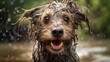© ds17 - Wet disheveled shaggy dog close up in a puddle
