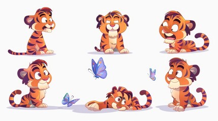 Wall Mural - Young cartoon character with a tiger face in various poses. Wild animal with orange fur and black stripes sitting, lying, and looking at a butterfly. Modern illustration set.