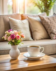 Sticker - Coffee cup and flowers on table in coffee shop.