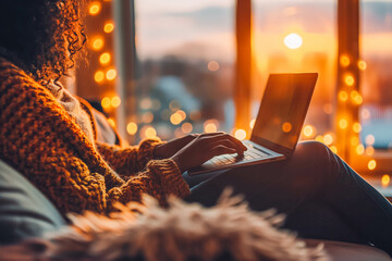 A Black person sits comfortably at home using a laptop for online banking, with the warm glow of the sunset filling the room.