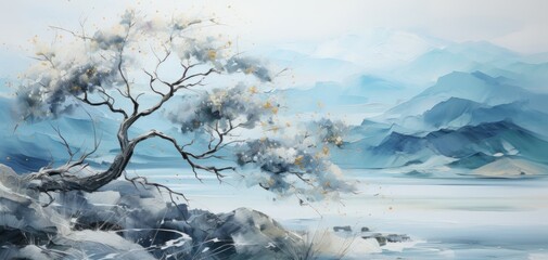 Wall Mural - Marble blue background with golden liquid tree.