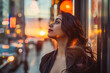 © VisualProduction - A Latina retail store manager stands proudly in front of her shop window, watching the sun set over the bustling city street.