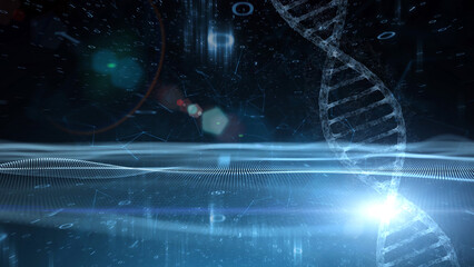 Poster - shining dna chain structure with binary code and waves illustration background.