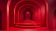 © Mark - A 3D abstract red studio room for product displays. A luxury presentation with floor and wall space. A geometric round interior design template for showcases.