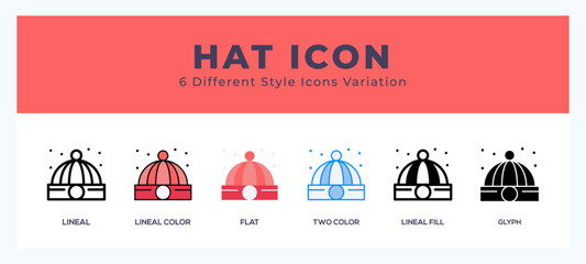 Sticker - Hat icon symbol set. outline. glyph black. flat color and filled line color.