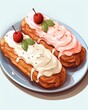 Two eclairs with cream filling and strawberries on top