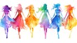 Colorful Silhouetted Figures in Flowing Dresses Expressing Joyful Movement and Energy