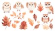 Charming Autumn Owls and Foliage for Nature Wildlife and Decorative Designs