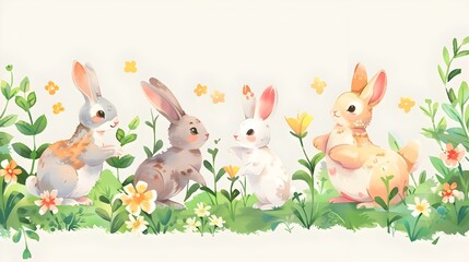 Charming Bunnies Frolicking in a Vibrant Spring Meadow with Blooming Flowers and Lush Foliage