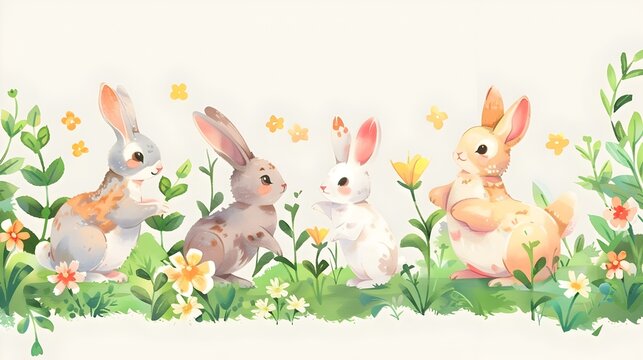 Charming Bunnies Frolicking in a Vibrant Spring Meadow with Blooming Flowers and Lush Foliage