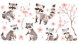 Charming Raccoons Among Cherry Blossom Branches in Springtime Woodland Scene