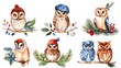 Charming Owls Perched in Festive Winter Woodland Scene