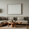 Mockup white poster frame on the wall. Live edge coffee table near corner sofa. Japandi interior design of modern living room, home.