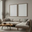 Mockup white poster frame on the wall. Live edge coffee table near corner sofa. Japandi interior design of modern living room, home.