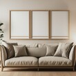 Mockup white poster frame on the wall. Japanese zen interior design of modern living room, home.