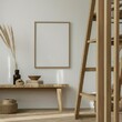 Mockup white poster frame on the wall. Farmhouse home interior design of modern living room with wooden staircase.