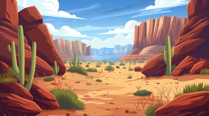 Wall Mural - A cartoon landscape with canyon rock in a dirt valley of Arizona national park. Rocky cliffs, boulders and canyons for game design interfaces.