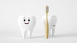 Happy 3D Cartoon Tooth with Toothbrush on White Background. Suitable for use in dental themes, oral hygiene educational materials, and toothpaste advertisements for kids.