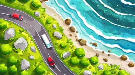Road running along sea coast. Modern cartoon illustration of trucks and autos traveling along the coastline highway on a summer day. Rocks on lawn, blue water washing the shoreline.