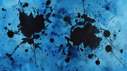 Wall Mural - Artistic black watercolor and ink splatter textures on blue paper background