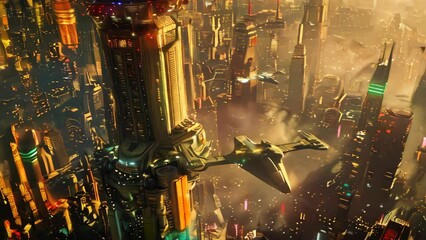 Wall Mural - A futuristic city from above with flying vehicles around