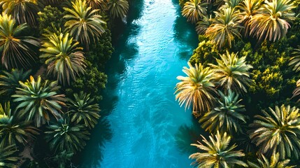 Wall Mural - Aerial View of Serene River Flanked by Tropical Palms. Tranquil Nature Scene Ideal for Travel and Eco-Themes. Lush, Green Scenery Perfect for Backgrounds and Wallpapers. AI