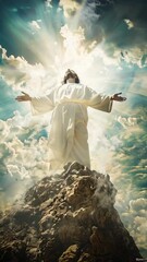 Wall Mural - Jesus standing with rays and clouds in the background, cinematic scene