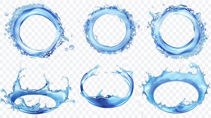 Wall Mural - Illustration of clear blue liquid swirl effect with wave, drops, bubbles, pure fluid, hydration. Modern illustration of aqua splash on a transparent background.