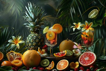  Lush still life of vibrant tropical fruits and refreshing beverages surrounded by greenery