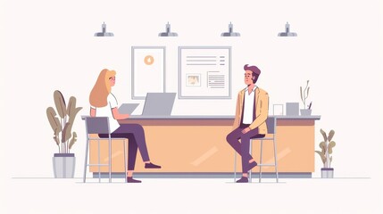 Interview with candidates by a human resources employee. Hiring, recruitment, negotiation, and introduction of future workers business concept, Linear flat modern illustration.