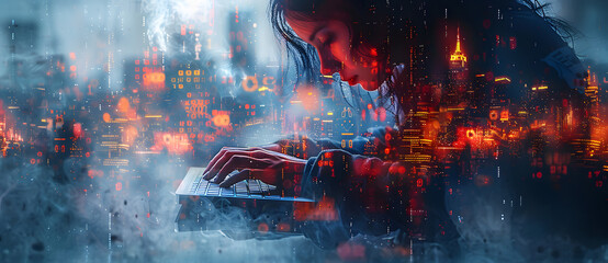 Digital double exposure of a woman's hands typing on a keyboard and a digital cityscape with a binary code background, with a blue color palette. Concept for coding, software development.