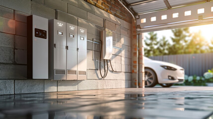 Concept of a home battery packs alternative electric energy storage system at modern home garage wall as backup or sustainable energy concepts.