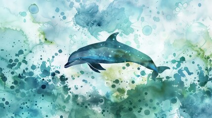 Wall Mural - A dolphin is swimming in the ocean with splashes of paint around it