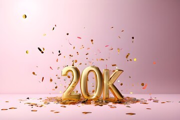 Gold number 20k on pink background with confetti, 3D render stock photo.