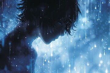 Wall Mural - A silhouette of an anime boy with short hair, wearing dark and jeans. water droplets, a cool atmosphere. He has his head down in contemplation or sadness,  overall moody vibe of the scene.