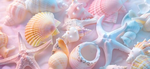 seashells and starfish, colorful pastel, background, soft lighting and a dreamy atmosphere, pink, blue, yellow, white. screensaver for mobile and computer screens