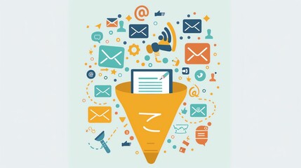 Email marketing funnels flat design, top view, funnel theme, cartoon drawing, Triadic Color Scheme