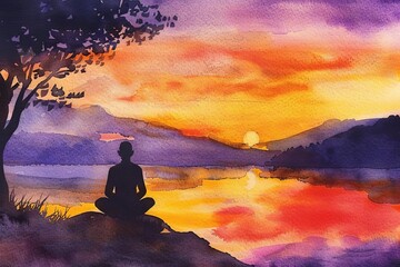 Wall Mural - zen meditation silhouette serene figure meditating at sunset embracing inner peace and tranquility amidst the beauty of nature watercolor painting